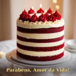Bolo de aniversário com camadas de veludo vermelho e creme de baunilha para namorado
