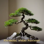 Arranjo de bonsai e pedras brancas em estética zen para aniversário de irmão