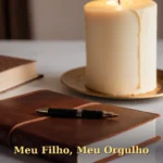 Diário de couro clássico com caneta-tinteiro ao lado de vela e bolo para filho