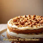 Bolo com creme de mel e amêndoas tostadas em luz dourada lateral para pai
