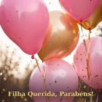 Imagem de parabéns para filha com balões cor-de-rosa e confetes dourados flutuando em luz cálida