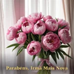Arranjo de peônias e tulipas cor-de-rosa com fita de cetim para aniversário de irmã