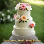 Bolo elegante para irmã com flores frescas de jardim e detalhes perolados em luz natural