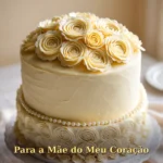 Bolo delicado com rosetas de buttercream e borda perolada em luz dourada para mãe