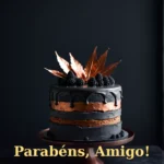 Bolo de três camadas com cobertura em tom carvão e detalhes em cobre para celebrar amigo