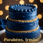 Bolo de três camadas com cobertura azul marinho e brilhos dourados para celebrar irmão
