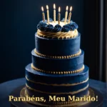 Cartão de aniversário para marido com bolo de três camadas em tons de azul marinho e ouro
