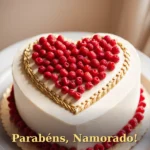 Bolo elegante em formato de coração com frutas vermelhas e detalhes dourados para namorado