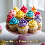 Cupcakes coloridos com diferentes coberturas em suporte de andares para prima ou primo