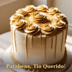 Bolo elegante com rosetas de confeitar e detalhes dourados para tia ou tio