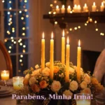 Imagem de parabéns para minha irmã com velas acesas e luz âmbar aconchegante para baixar e compartilhar