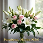 Cartão de aniversário para mãe com arranjo de lírios brancos e rosas em porcelana