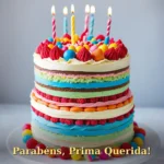 Bolo divertido de três camadas com buttercream colorido e decorações de doces para prima ou primo