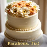 Bolo de três camadas com flores de buttercream e borda de pérolas para tia ou tio