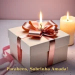 Parabéns sobrinha amada com buquê de rosas em tons pastel e corações flutuantes iluminados