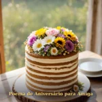 Bolo elegante de aniversário com flores frescas e detalhes dourados em mesa rústica para amiga
