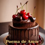Bolo com ganache de chocolate escuro e cerejas frescas em luz quente para namorado