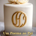 Bolo de aniversário com fondant branco clássico e monograma dourado para pai