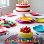 Mesa de aniversário brilhante com pratos e guardanapos coloridos e bolo festivo para prima ou primo