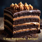 Camadas de bolo de chocolate escuro com caramelo de flor de sal em tábua rústica para amigo