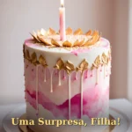 Imagem de aniversário para filha com velas acesas sobre bolo decorado e pétalas de rosa