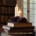 Livros vintage empilhados com arranjo de flores escuras e vela para filho