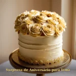 Bolo de aniversário com rosetas de buttercream e detalhes dourados para irmã