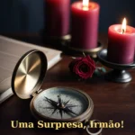 Mesa masculina com bússola vintage, vela de aniversário e rosa escura para irmão