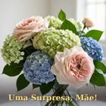 Mensagem carinhosa para mãe com arranjo de rosas e eucalipto em tom suave