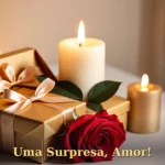 Presente com fita de cetim ao lado de única rosa vermelha e vela acesa para namorado