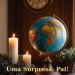 Globo terrestre vintage ao lado de arranjo de aniversário com vela para pai