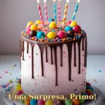 Bolo com doces popping e decorações de chocolate colorido para prima ou primo