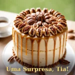 Bolo com cobertura de caramelo e nozes pecan em tom de reunião familiar para tia ou tio