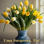 Buquê de tulipas e narcisos em vaso cerâmico azul para tia ou tio