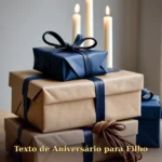 Presentes embrulhados em azul marinho e papel kraft com vela de aniversário para filho