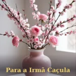 Arranjo de flores de cerejeira e rosas cor-de-rosa em vaso cerâmico para irmã