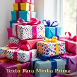 Pilha de presentes embrulhados em padrões brilhantes e fitas coloridas para prima ou primo