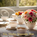 Mesa de aniversário com toalha de renda, xícaras de porcelana e bolo floral para tia ou tio
