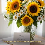 Arranjo de girassóis e margaridas com bilhete manuscrito para celebrar aniversário de amiga