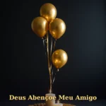Balões dourados flutuando contra fundo escuro com vela acesa central para aniversário de amigo