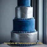 Bolo com decoração metálica prateada e azul profundo em estilo moderno para filho