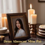 Mesa de madeira escura com porta-retrato de família, vela e bolo elegante para pai