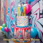 Bolo de aniversário elegante com grafite de fundo brilhante em estilo urbano juvenil para prima ou primo