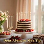 Mesa de sobremesas elegante com bolo, flores frescas e velas para tia ou tio
